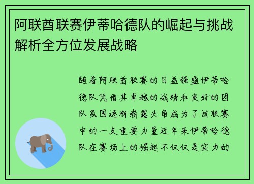 阿联酋联赛伊蒂哈德队的崛起与挑战解析全方位发展战略