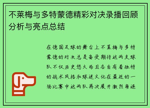 不莱梅与多特蒙德精彩对决录播回顾分析与亮点总结